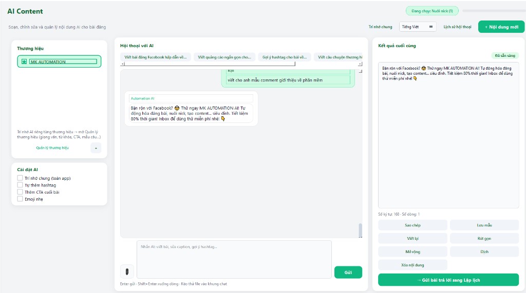 Giao diện AI Content viết bài Facebook