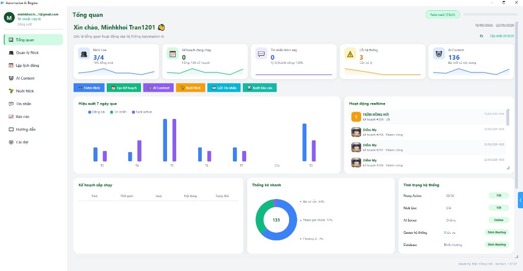 Giao diện Dashboard Automation AI Engine — quản lý nick, lập lịch, AI content, báo cáo realtime