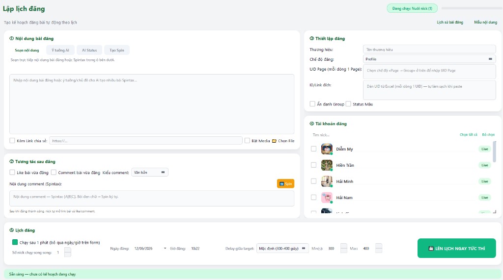 Giao diện Lập lịch đăng bài Facebook